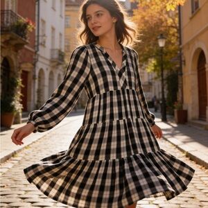 Maeve by Anthropologie Black and Cream Plaid Midi Long Sleeve Dress